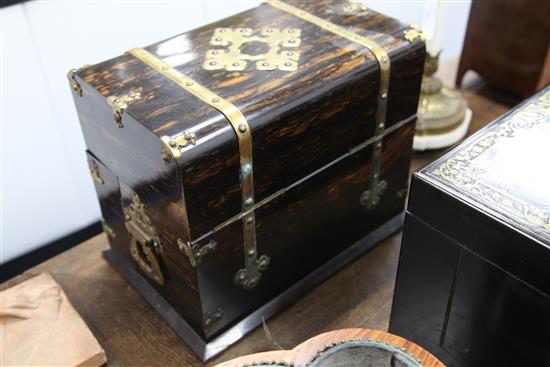 A Victorian brass bound and coromandel liqueur set, 15in.